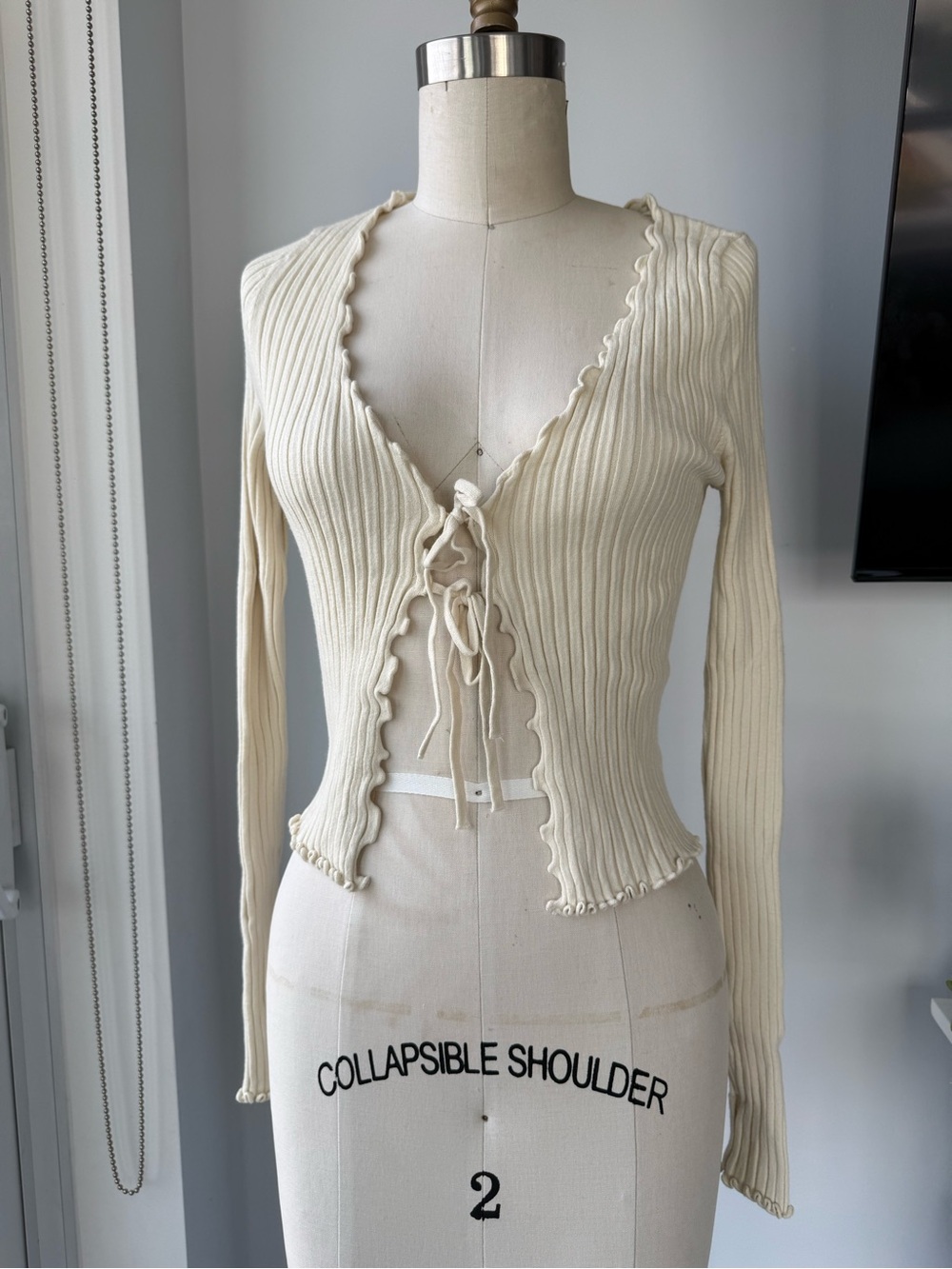 American Eagle Outfitters Cream Ribbed Tie-Front Cardigan